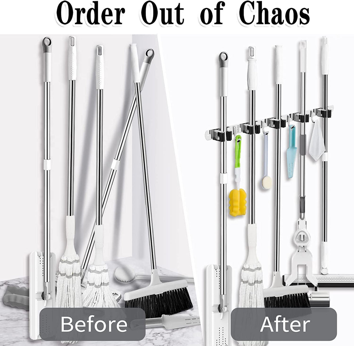 5 Holders+4 Hooks Broom Holder Wall Mounted Stainless Steel Mop Holder