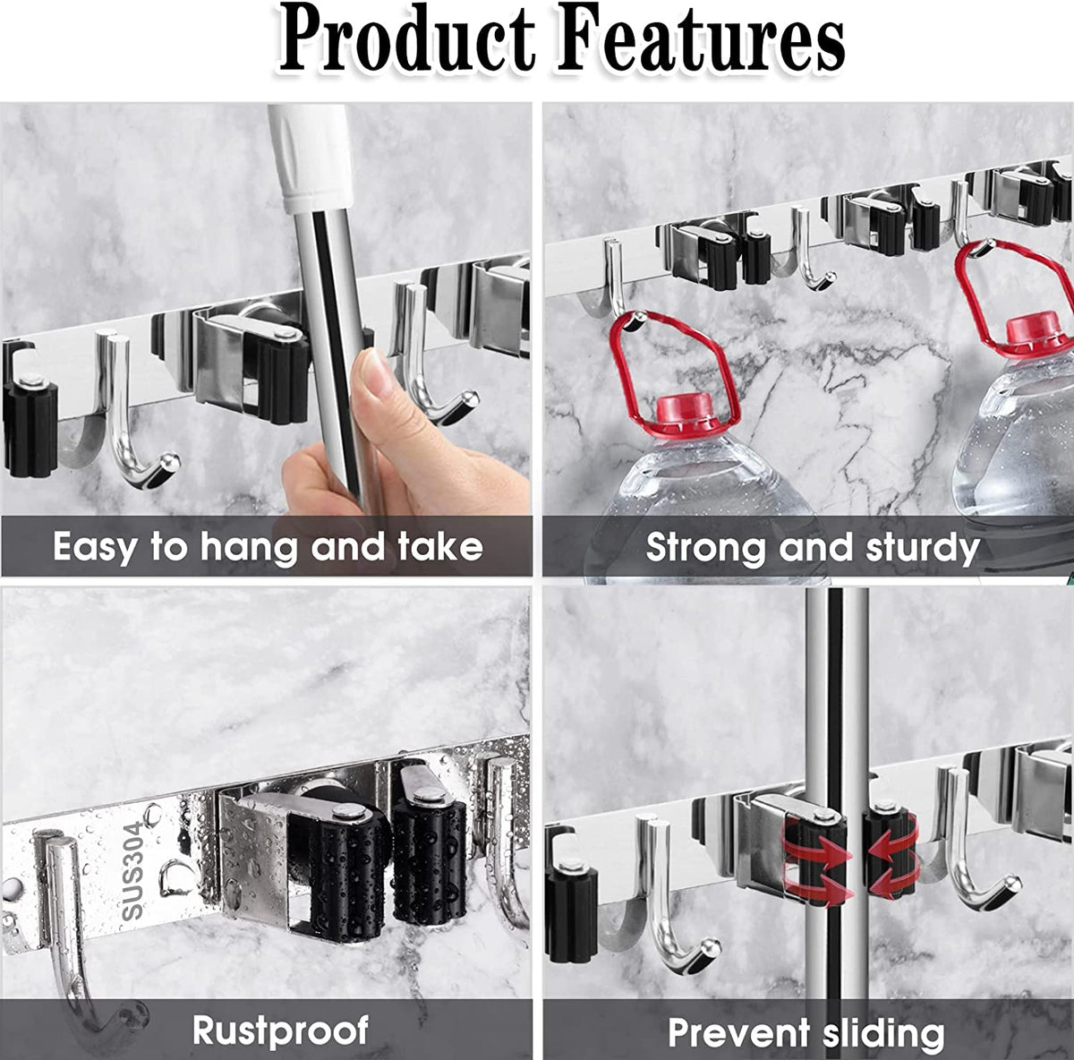 5 Holders+4 Hooks Broom Holder Wall Mounted Stainless Steel Mop Holder
