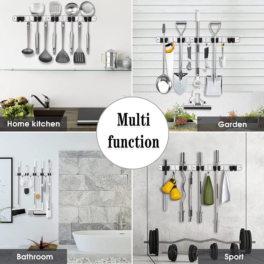 5 Holders+4 Hooks Broom Holder Wall Mounted Stainless Steel Mop Holder