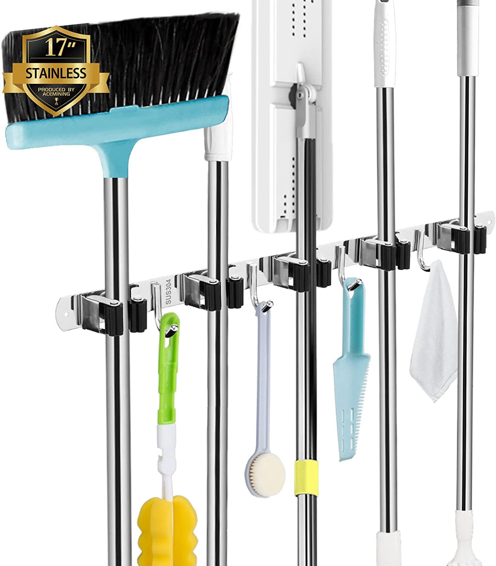 5 Holders+4 Hooks Broom Holder Wall Mounted Stainless Steel Mop Holder