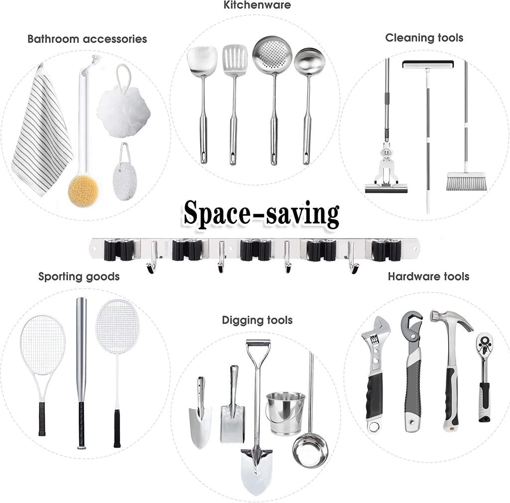 5 Holders+4 Hooks Broom Holder Wall Mounted Stainless Steel Mop Holder