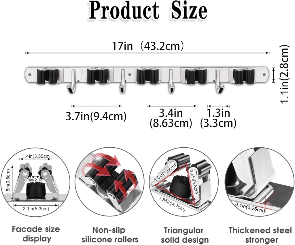 5 Holders+4 Hooks Broom Holder Wall Mounted Stainless Steel Mop Holder