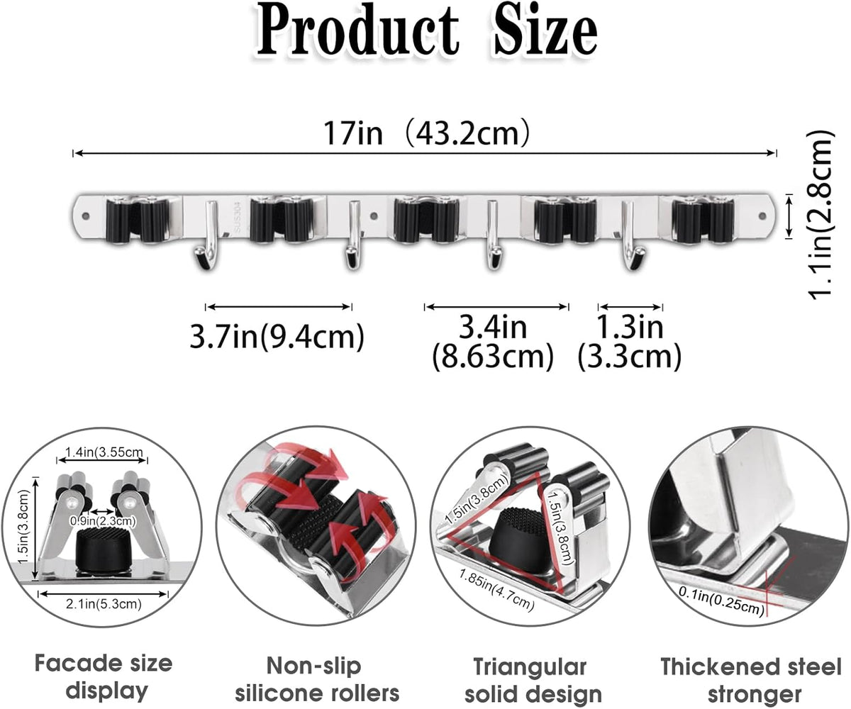 5 Holders+4 Hooks Broom Holder Wall Mounted Stainless Steel Mop Holder